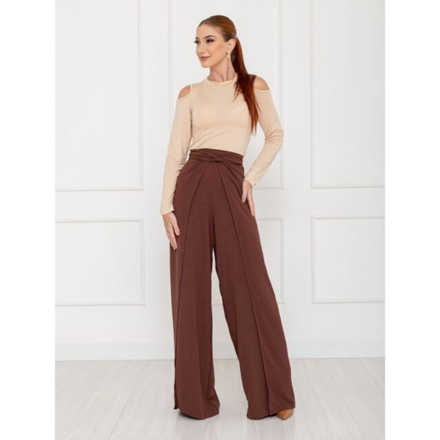 Calça Pantalona Transpassada Envelope VICTORIA Marrom Tamanho Único