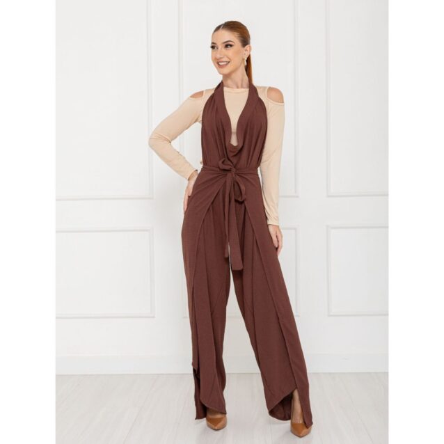 Calça Pantalona Transpassada Envelope VICTORIA Marrom Tamanho Único