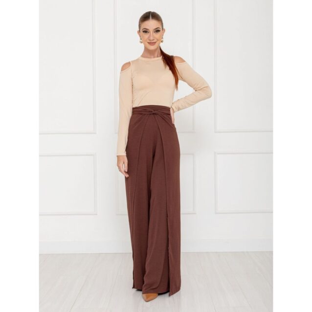 Calça Pantalona Transpassada Envelope VICTORIA Marrom Tamanho Único