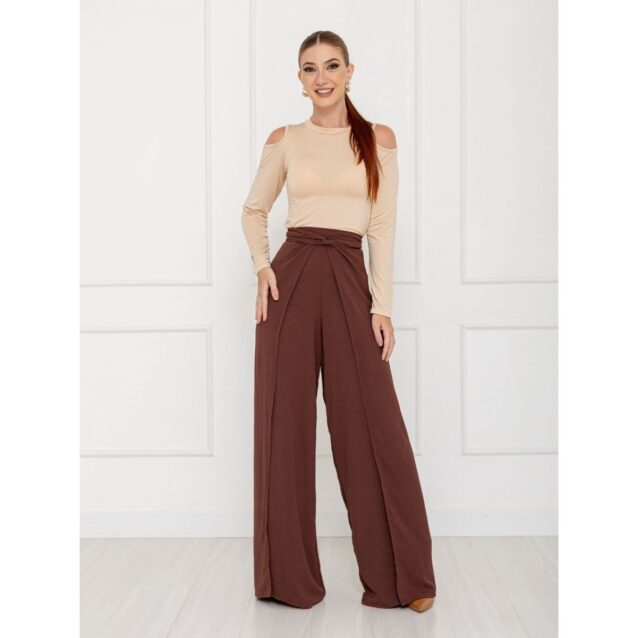 Calça Pantalona Transpassada Envelope VICTORIA Marrom Tamanho Único