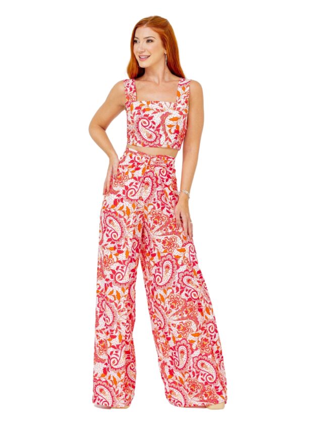 Calça Pantalona Transpassada Envelope Paisley MYSTIC – Rosa e Laranja