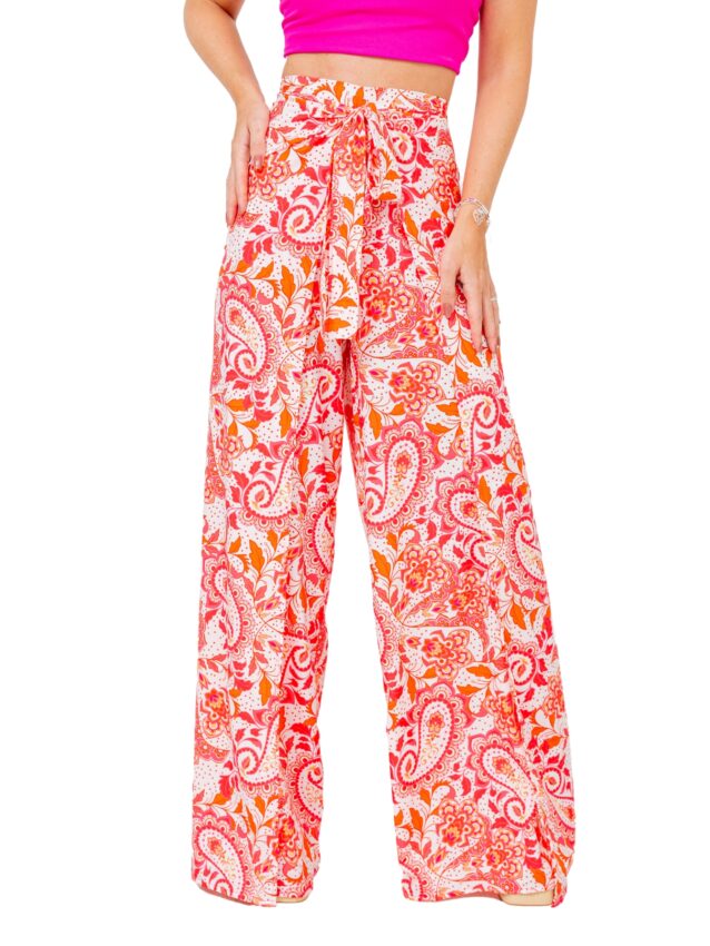 Calça Pantalona Transpassada Envelope Paisley MYSTIC – Rosa e Laranja