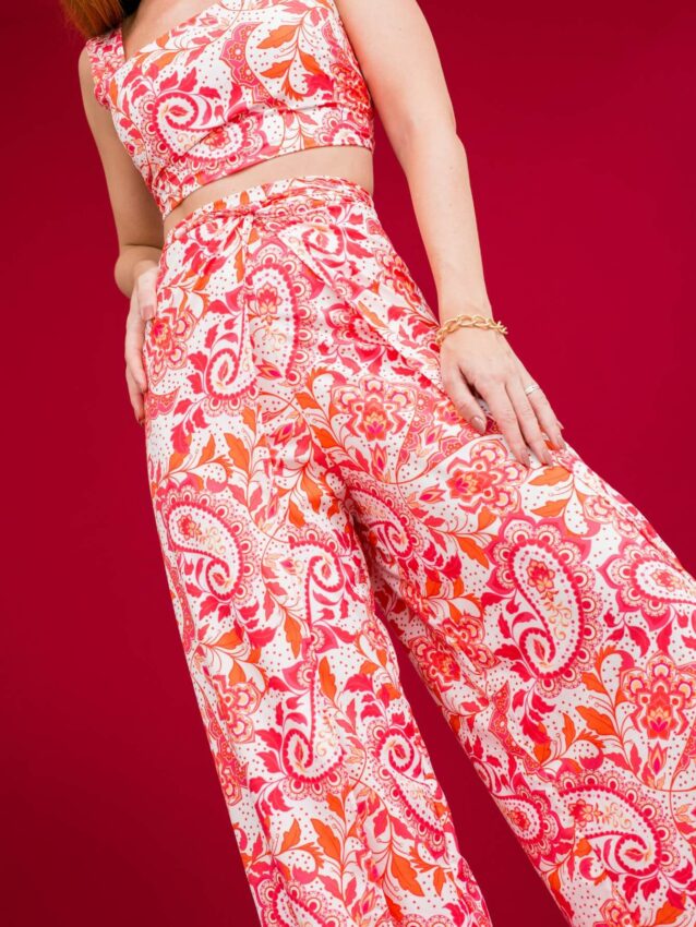 Calça Pantalona Transpassada Envelope Paisley MYSTIC – Rosa e Laranja