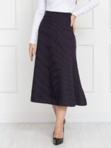 Saia Midi Envelope Transpassada Alfaiataria Risca de Giz Manhattan Preta Tamanho Único