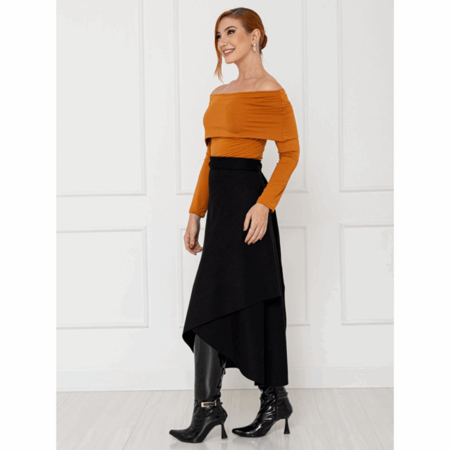 Saia Midi Envelope Transpassada Suede MONTEVIDEU Preta Tamanho Único