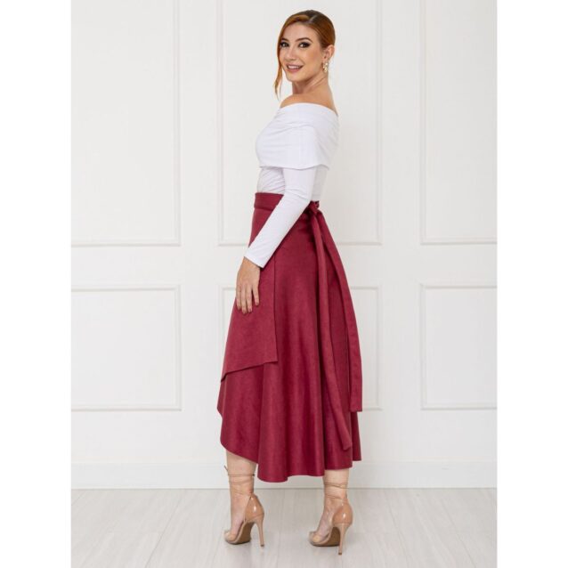 Saia Midi Envelope Transpassada Suede MONTEVIDEU Vermelho Bordô Tamanho Único