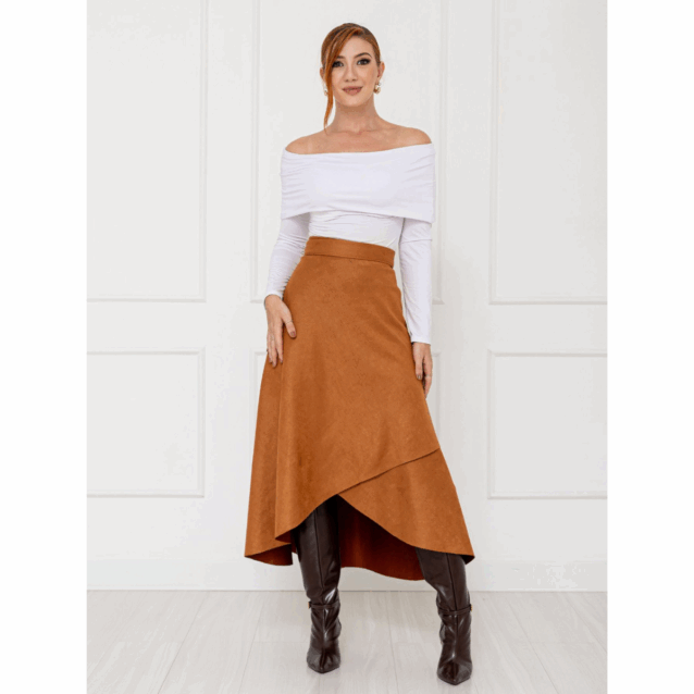 Saia Midi Envelope Transpassada Suede MONTEVIDEU Caramelo Tamanho Único