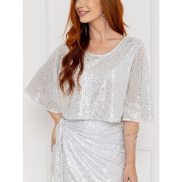 Blusa Cropped Paetê Manga Curta GLOW Branca Prata