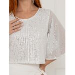 Blusa Cropped Paetê Manga Curta GLOW Branca Prata