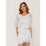 Blusa Cropped Paetê Manga Curta GLOW Branca Prata