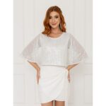 Blusa Cropped Paetê Manga Curta GLOW Branca Prata