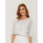 Blusa Cropped Paetê Manga Curta GLOW Branca Prata