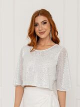 Blusa Cropped Paetê Manga Curta GLOW Branca Prata