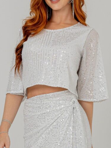 Blusa Cropped Paetê Manga Curta GLOW Branca Prata