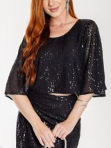 Blusa Cropped Paetê Manga Curta GLOW Preta