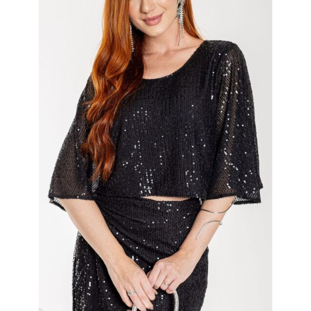 Blusa Cropped Paetê Manga Curta GLOW Preta