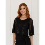 Blusa Cropped Paetê Manga Curta GLOW Preta