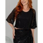 Blusa Cropped Paetê Manga Curta GLOW Preta