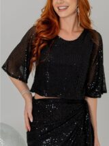 Blusa Cropped Paetê Manga Curta GLOW Preta