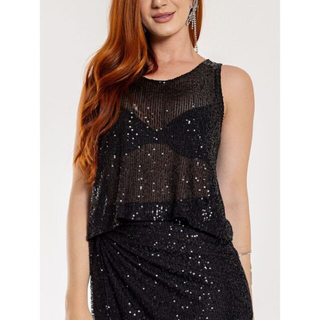 Blusa Cropped Regata Paetê GLOW Preta