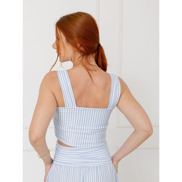 Blusa Cropped Top Alças Largas Decote Reto GIANNI Listrada Azul Branca