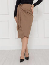 Saia Midi Envelope Transpassada Linho ALLANITA Marrom Claro