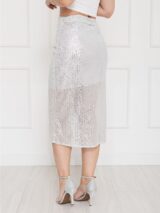 Saia Midi Transpassada Envelope Paetê GLOW Branca Prata