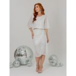 Saia Midi Transpassada Envelope Paetê GLOW Branca Prata