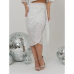 Saia Midi Transpassada Envelope Paetê GLOW Branca Prata