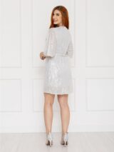 Vestido Curto Transpassado Envelope Paetê GLOW Branco Prata