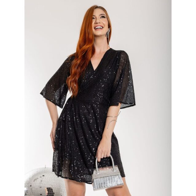 Vestido Curto Transpassado Envelope Paetê GLOW Preto
