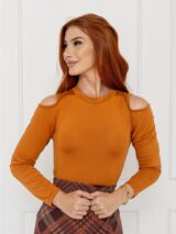 Blusa Manga Longa Ombro Vazado Malha CELINA Caramelo