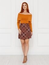 Saia Curta Envelope Transpassada Alfaiataria Xadrez SIENA Marrom Tamanho Único