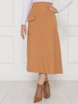 Saia Midi Envelope Transpassada Alfaiataria com Bolso RAVENA Marrom Claro Tamanho Único