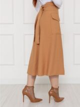 Saia Midi Envelope Transpassada Alfaiataria com Bolso RAVENA Marrom Claro Tamanho Único