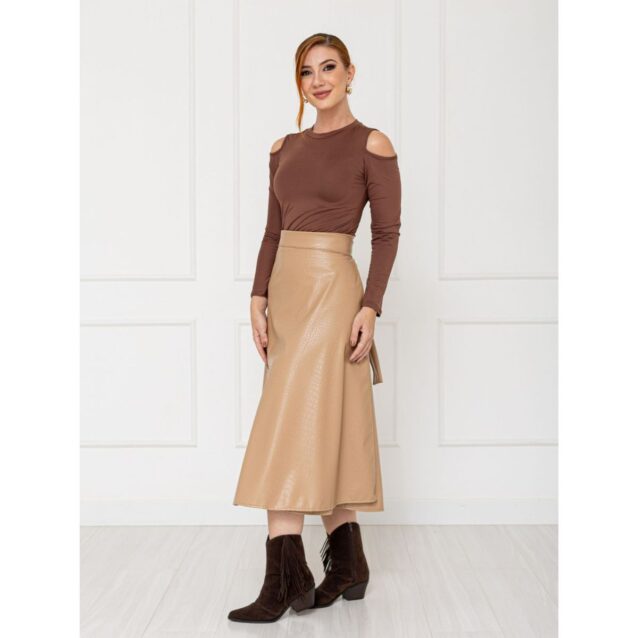 Blusa Manga Longa Ombro Vazado Malha CELINA Marrom
