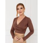 Cropped Manga Longa Transpassado Malha MARY Marrom