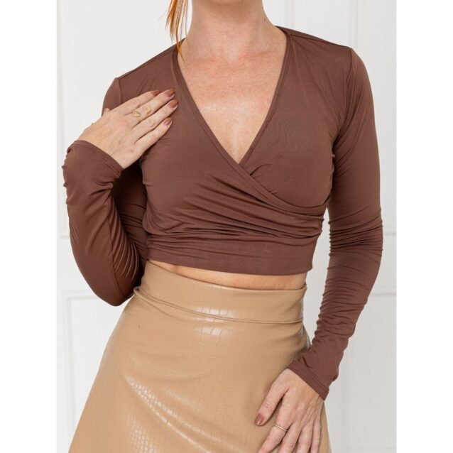 Cropped Manga Longa Transpassado Malha MARY Marrom