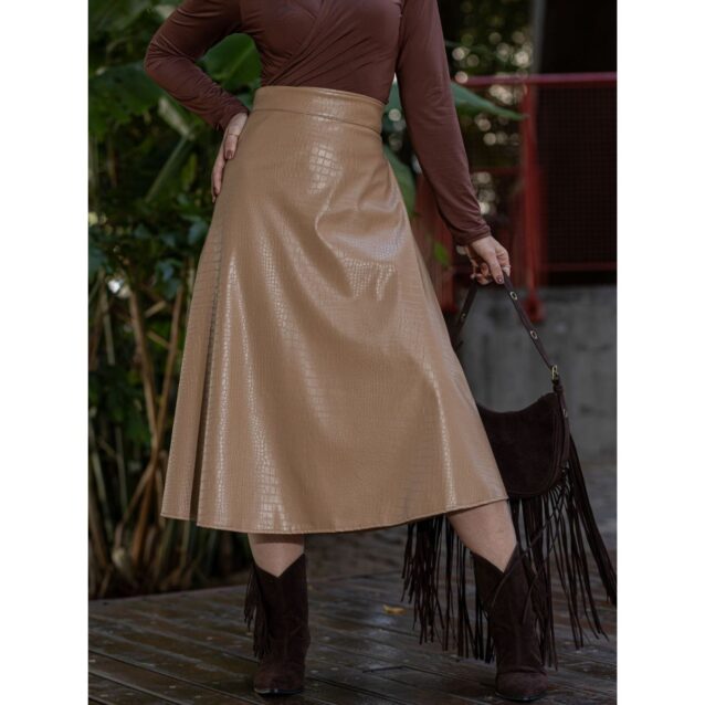 Saia Midi Envelope Transpassada PU Premium Croco ATENA Nude Tamanho Único