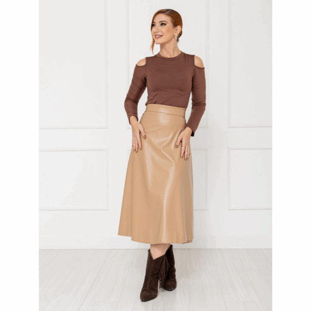 Saia Midi Envelope Transpassada PU Premium Croco ATENA Nude Tamanho Único