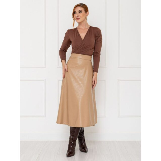 Saia Midi Envelope Transpassada PU Premium Croco ATENA Nude Tamanho Único