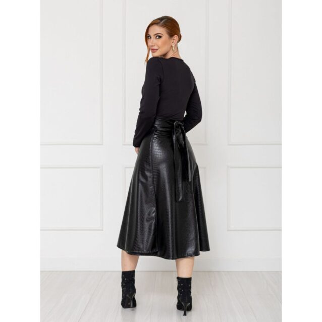 Saia Midi Envelope Transpassada PU Premium Croco ATENA Preta Tamanho Único