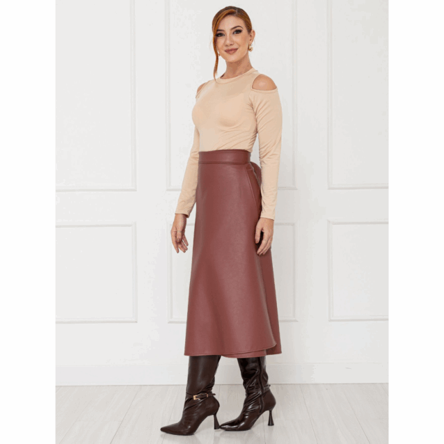 Saia Midi Envelope Transpassada PU Premium SERAPHINE Marrom Queimado Tamanho Único