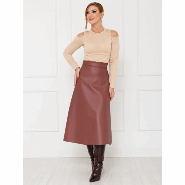 Saia Midi Envelope Transpassada PU Premium SERAPHINE Marrom Queimado Tamanho Único