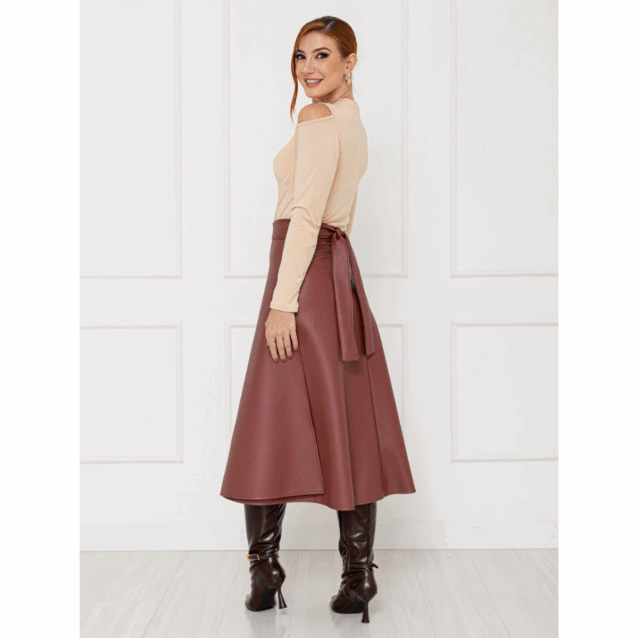 Saia Midi Envelope Transpassada PU Premium SERAPHINE Marrom Queimado Tamanho Único