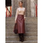 Saia Midi Envelope Transpassada PU Premium SERAPHINE Marrom Queimado Tamanho Único