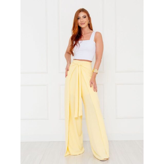 Calça Pantalona Transpassada Envelope VICTORIA Amarela Tamanho Único