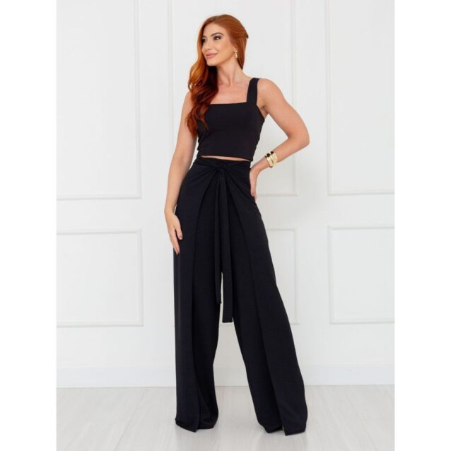Calça Pantalona Transpassada Envelope VICTORIA Preta Tamanho Único
