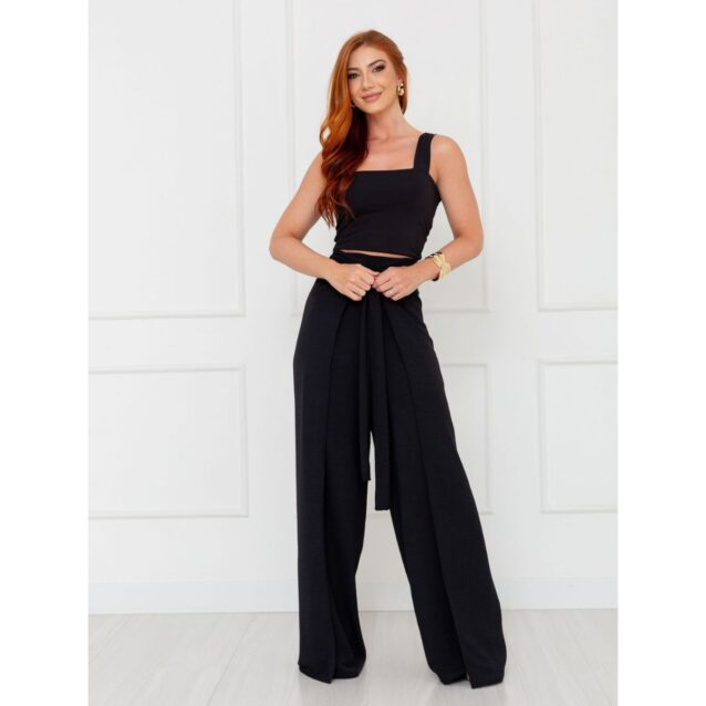 Calça Pantalona Transpassada Envelope VICTORIA Preta Tamanho Único
