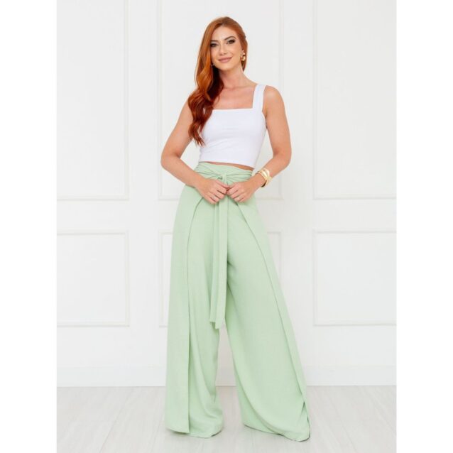 Calça Pantalona Transpassada Envelope VICTORIA Verde Claro Tamanho Único